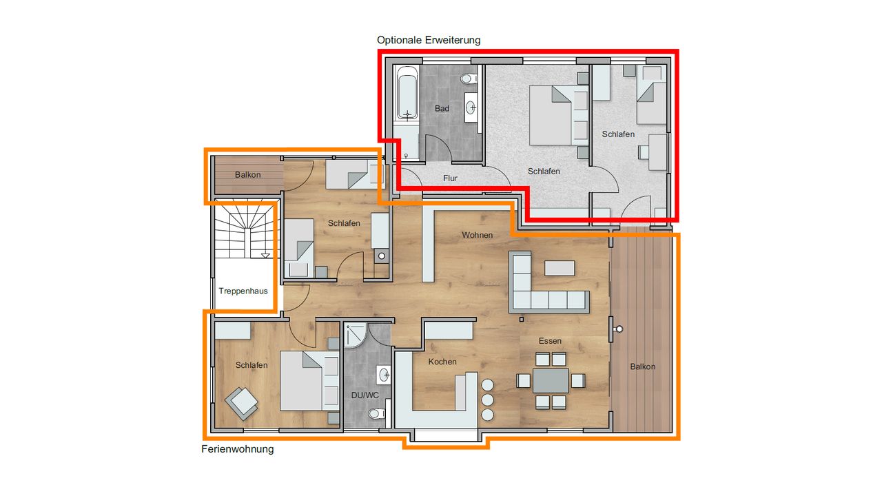 Ferienwohnung Grundriss, Zusatzbereich Rot Ferienwohnung Grundriss, Zusatzbereich Rot